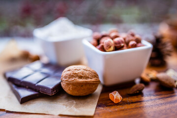 Nuts and dark chocolate, ingredients for the traditional Panforte di Siena.
