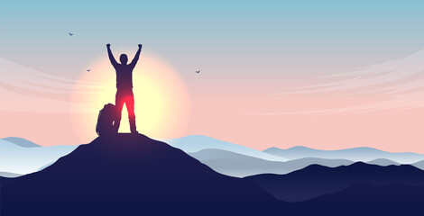 Life goals - Silhouette of hiker on mountain top with arms in air in front of sunlight, celebrating life and personal goal. Vector illustration.