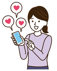 スマホを操作する女性　ハート・いいねを連打する　イラスト