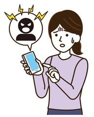 スマホを操作する女性　恫喝され怖がる　イラスト