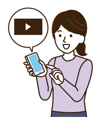 スマホを操作する女性　動画を見る　イラスト