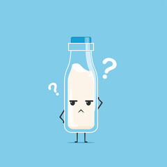 a bottle of white milk character feels puzzled isolated on cyan background. a bottle of white milk character emoticon illustration
