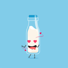 a bottle of white milk character falling in love isolated on cyan background. a bottle of white milk character emoticon illustration