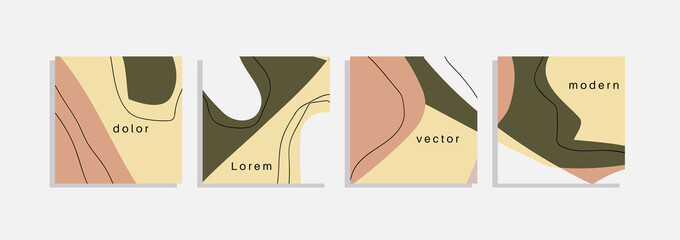 Vector set of minimal backgrounds with abstract organic shapes, hand draw line and sample text. Contemporary collage. Minimal stylish cover for branding design.
