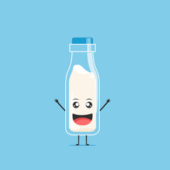 a bottle of white milk character feeling happy isolated on cyan background. a bottle of white milk character emoticon illustration