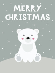 Cute polar bear card. Winter illustration for poster, card, sticker, kid room decor. Cute character white bear. Christmas card with funny sitting bear and snow. Scandinavian poster.
