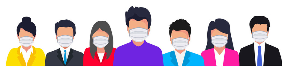 Group of People in protective medical face mask. Wearing face mask for virus protection. Coronavirus epidemic. Vector illustration in a flat style. People wearing masks from virus urban air pollution