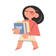 Smiling little brunette girl carrying heap of interesting books for reading