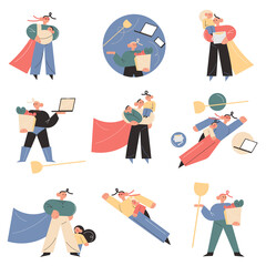 Happy young fathers carrying children, making housework, helping, shopping