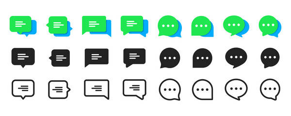 Set of Chat Message Bubbles Vector Icon. Communication icons. Talk bubble, dialog. Web icon set. Online communication. Conversation, SMS, Notification, Group Chat. Chatting icons in different styles - obrazy, fototapety, plakaty