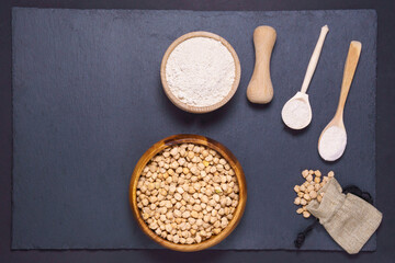 Uncooked dried chickpeas on table. Heap of legume chickpea. copyspace