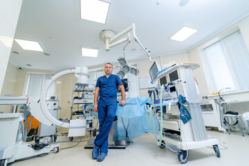 Neurourgeon in operating room with medical robotic surgery machine. Modern automated medical...