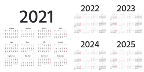 Calendar 2021, 2022, 2023, 2024, 2025 years. Vector. Week starts Monday. Simple calender layout. Desk calendar template. Yearly stationery organizer in minimal style English. Square shape illustration