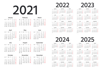 Calendar 2021, 2022, 2023, 2024, 2025 years. Vector. Week starts Monday. Simple layout of pocket or wall calenders. Desk calendar template. Yearly Stationery organizer in minimal design, English.