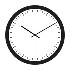 Wall clock with black frame and hands. Flat style vector illustration. Simple classic pointer wall clock without numerals isolated on white