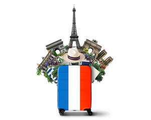 France travel, modern suitcase with French flag and landmarks, tourism concept