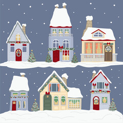 Fototapeta na wymiar Houses decorated for christmas winter holidays snow