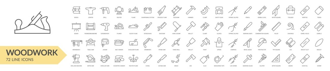 Woodwork tools line icon set. Isolated signs on white background. Vector illustration. Collection - obrazy, fototapety, plakaty