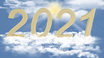 Illustrazione 3D. Anno nuovo 2021. Capodanno, 2021  in numeri, a celebrare l'arrivo del nuovo anno,  sospeso nel cielo tra le nuvole..