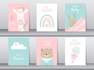 Set of baby shower invitation cards,poster,template,greeting,cute,animal,Vector illustrations