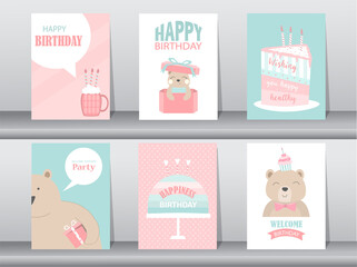 Fototapeta na wymiar Set of birthday cards with cute animal,poster,template,greeting card,cake,Vector illustrations