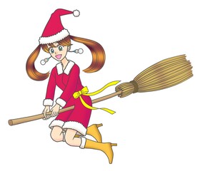 A cute girl in santa claus costume flying on a broom