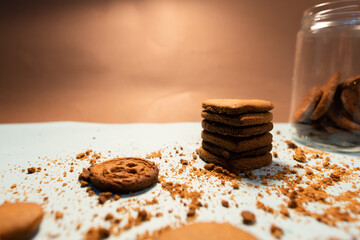 Homemade heart shaped cookies on bright background