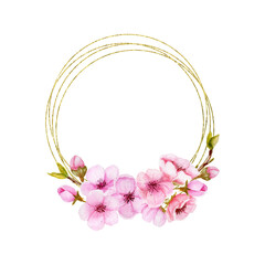 Polygonal Gold foil blossom cherry frame. Watercolor sakura branches, gold oval wreath. Spring holidays. Geometry frames for wedding, invitation, greenting cards, bridal shower