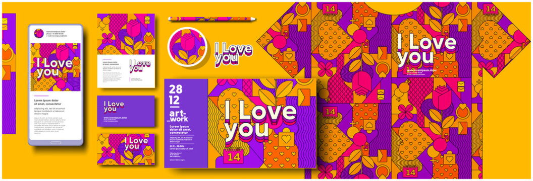 Vector illustrations for the event. A birthday or a romantic relationship. Stylized background with gifts, flowers and festive elements. Corporate identity, branding, mobile phone, package, postcard.