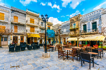 Naklejka premium Pirgi village streets in Chios Island, The most interesting feature of Pirgi are the decorative designs the exterior walls of the houses. 