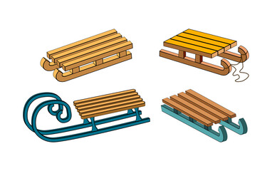 Snow sledge set. Wooden sleigh for children collection. Winter vector sled. Seasonal cartoon icon, symbol design. Classic child old wood transport vehicle illustration isolated on white background.