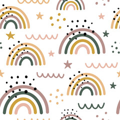 Cute abstract seamless pattern with rainbows, stars and dots. Hand drawn Scandinavian style vector illustration.