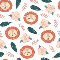 Cute nursery seamless pattern with lion, tropical flowers and leaves isolated on white background. Hand drawn Scandinavian style vector illustration.