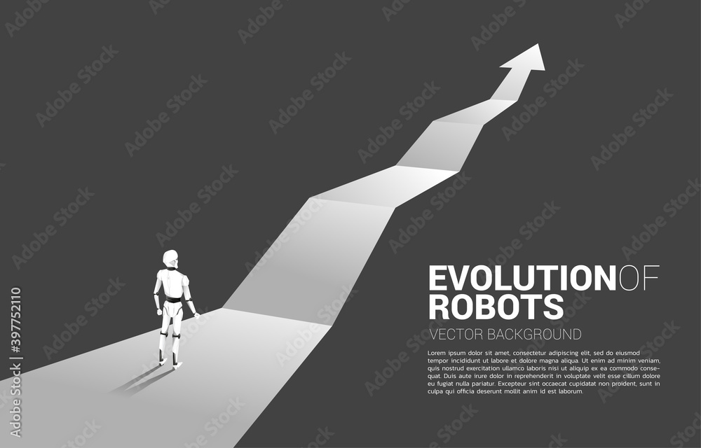Poster Silhouette of robot standing on arrow route. concept of artificial intelligence and machine learning worker technology