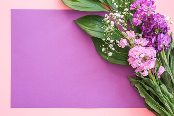 Bouquet flowers on pink purple background. Greeting card Flat Lay Copy space Concept Hello spring, Mother's day, Womens day, Good day Template for text and design - obrazy, fototapety, plakaty