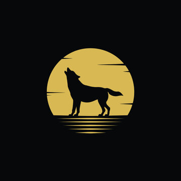 Illustration howling wolf with moonlight  golden luxury wildlife logo vector