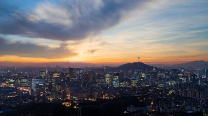 Capital of South Korea and viewpoint of Namsan Seoul Tower popular tourist attractions in South Korea. Viewpoint from Inwangsan mountain in Seoul city.