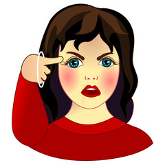emoticon shows a screw loose or you're nuts gesture by twisting her finger around her temple, simplistic facial expression vector illustration, woman character
