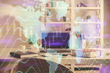 Double exposure of financial graph drawing and office interior background. Concept of stock market.