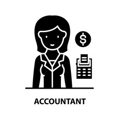 accountant with cashmachine icon, black vector sign with editable strokes, concept illustration
