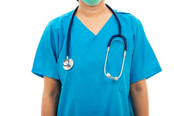 A confident female nurse standing with stethoscope, woman doctor in blue uniform, studio shot isolated on over white background, medical health concept