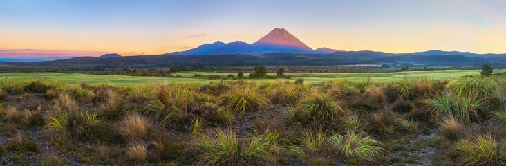 panorama of cone volcano Mount Ngauruhoe at sunrise, New Zealand