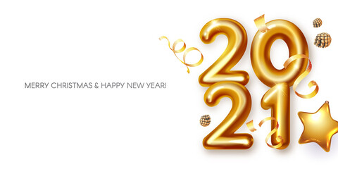 Happy New 2021 Year Realistic 3D golden sign with serpentine wnd pine cones