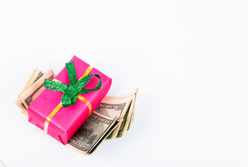 Box with a gift and dollars on a white background, isolate, copy space