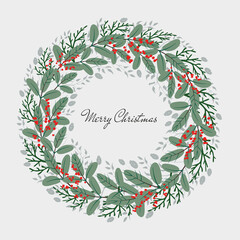 Vector flat Christmas wreath of pine, thuja, red holly berries and other floral elements.