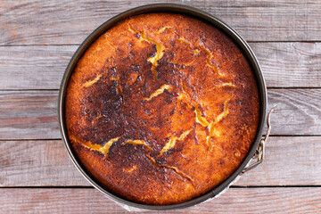 Basque burnt cheesecake in Cake Pan Mold. Top view