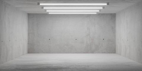 Abstract empty, modern concrete room with lighting from neon tubes on the ceiling and rough floor - industrial interior background template, 3D illustration