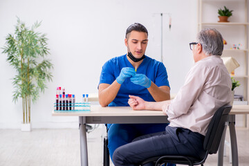 Old patient visiting young male doctor in blood transfusion conc