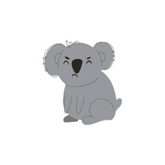 Sad, upset koala, vector children's illustrations in cartoon hand-drawn style for printing on children's clothing, interior design, packaging, stickers. Isolated on white