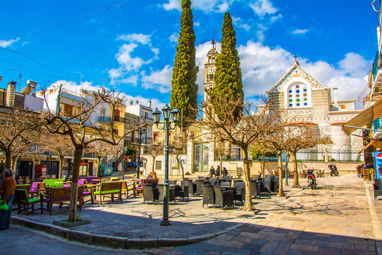 Pirgi village square in Chios Island. The most interesting feature of Pirgi are the decorative designs the exterior walls of the houses.